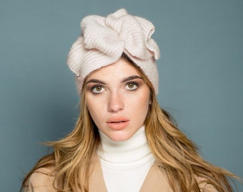 Ivory mohair winter half- turban hat, knitted headband, fall women turban hat, wool turban, wool flower, hijab, twist turban wrap