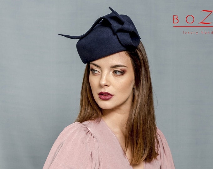 Blue Pillbox Hat With Veil Navy Blue Wool Felt Cocktail Hat With