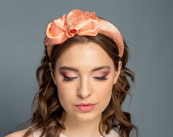 Salmon orange satin puffy headband with bow, cocktail alice band, salmon pink moon headband, padded handmade headband, cocktail headband