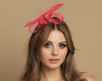 Pink wool felt fascinator with big bow and veiling, pink headpiece, pink bow, party