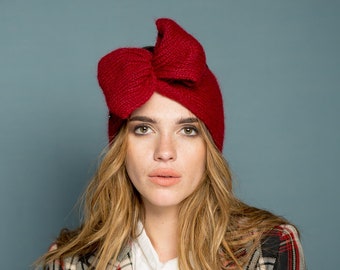 Red, christmas, mohair, winter half- turban headband, knitted headband, fall women turban headband with bow, wool bown, hijab