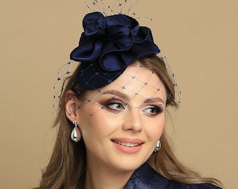 Navy blue merry widow wool felt hat with big satin flower, wool headpiece, navy blue hat, wedding headpiece, party