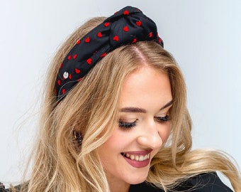 Black cotton knot headband with red little hearts, cotton handmade headband, black turban headband with hearts