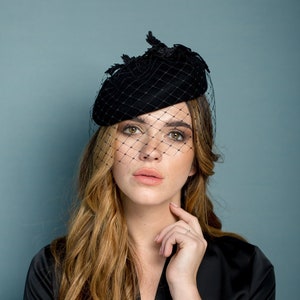 Black felt beret with lace and merry widow, funeral percher hat, black winter cocktail hat with lace leaves and veiling image 1