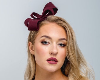 Modern burgundy wool felt fascinator bow, party fascinator, vino color millinery fascinator, burgundy felt headpiece