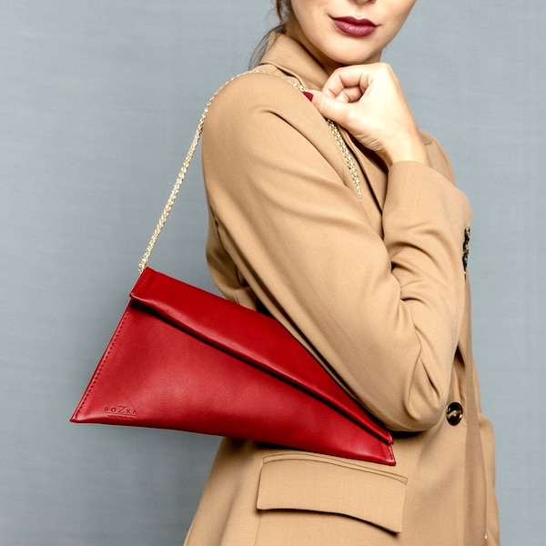 Red asymmetric clutch with short detachable gold chain,red wedding leather bag, red cocktail bag, minimalist leather clutch