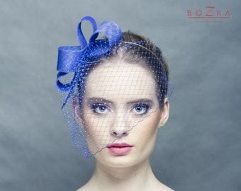 Modern fascinator with delicate veil, sinamay bow headpiece, headpiece with blue russian veiling, royal blue fascinator