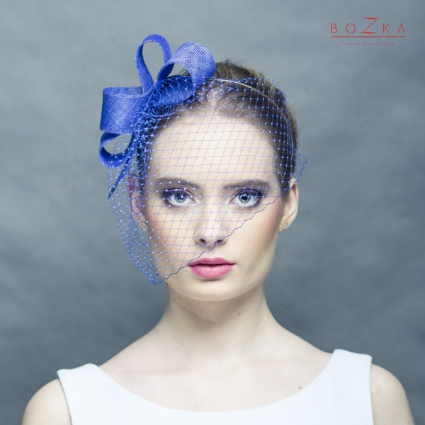 Modern fascinator with delicate veil, sinamay bow headpiece, headpiece with blue russian veiling, royal blue fascinator