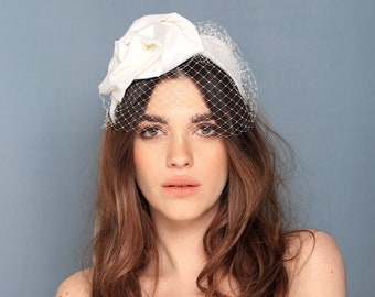 Creamy white wedding headband with flower and veil on face ,satin bridal headband with big rose