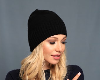 Black cashmere winter hat, ultrafine merino wool cap, women black beanie winter hat, black winter beanie