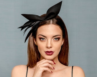 Black big fascinator bow with feathers, black headband with bow, party headbow, modern fascinator bird inspired