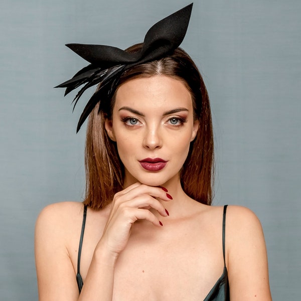 Black big fascinator bow with feathers, black headband with bow, party headbow, modern fascinator bird inspired