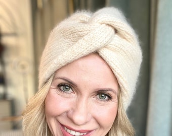 Ivory mohair winter turban hat, knitted turban, fall women turban hat, wool turban, hijab, twist turban wrap