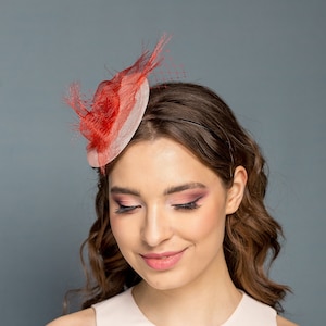 Pink small hat with red modern decoration, powder pink headpiece with red crin and netting, wedding fascinator, derby small hat image 1