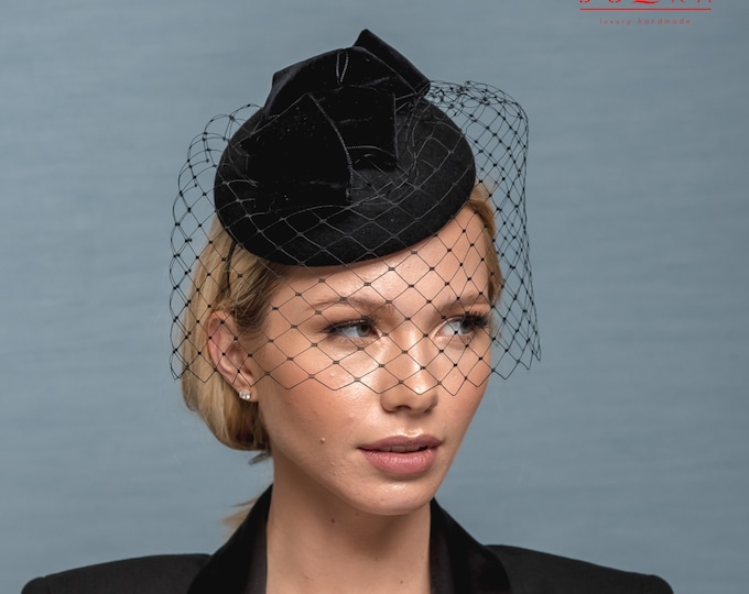 Black Funeral Hat With Veilfor Small Head/ Formal Winter Hat/ Mourning