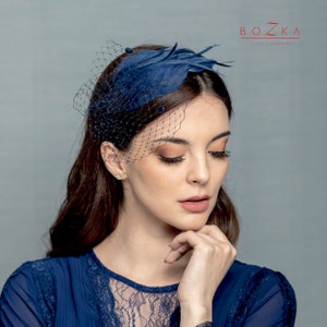 Navy blue headband with feathers and spotted netting, black swan type headband, blue headpiece with feathers and veil