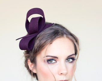 Modern burgundy wool felt fascinator bow, party fascinator, vino color millinery fascinator, aubergine felt headpiece