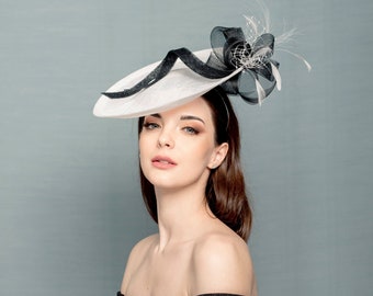 Black nad white saucer hat with hand made crin and feather decoration, classic derby hat, Wedding hat, cocktail hat