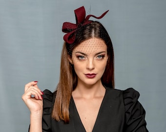 Modern burgundy wool felt fascinator with black veil, party fascinator, vino color headpiece, big claret color headbow