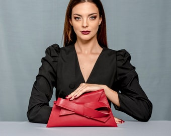 Red asymmetric clutch with detachable gold chain,red small leather bag, classic red cocktail bag, red clutch with bow, clutch with bow
