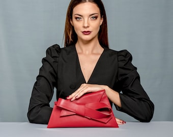 Red asymmetric clutch with detachable gold chain,red small leather bag, classic red cocktail bag, red clutch with bow, clutch with bow