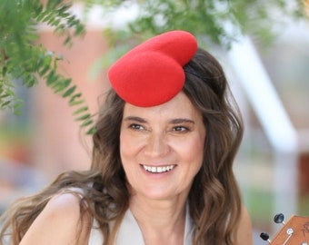 Heart pill box hat, red cocktail hat, wool felt fascinator, felt red fascinator, derby hat