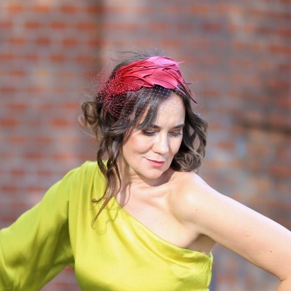 Burgundy headband with feathers and  netting, black swan type headband, magenta headpiece with feathers and veil