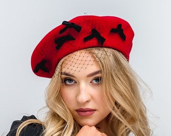 Vintage LA Girl Red Velveteen Beret with Black Bow Red Wool Felt Beret Hat With Black Velvet Ribbon Bow, Red  main image 3