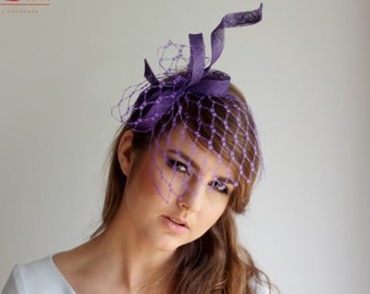 Modern fascinator with original veil, sinamay bow headpiece,violet headpiece with short veiling, violet short veilingg