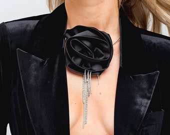 Black flower choker with rhinestones, satin rose choker, crystal necklace, modern flower, silk large rose