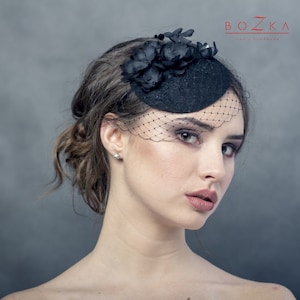 Black fascinator with handmade silk flowers and netting, small hat with flowers, race small pill box hat