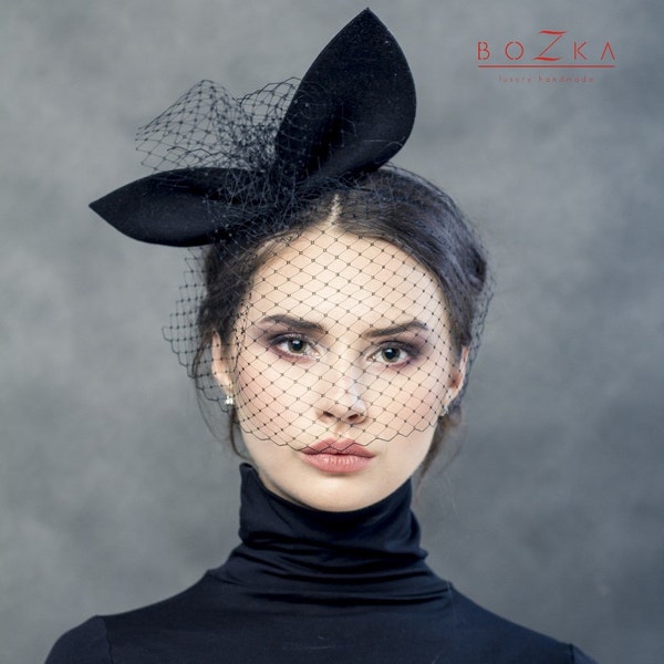 Black big bow with veiling, black headband with ears and netting, party headbow with netting, modern bow fascinator