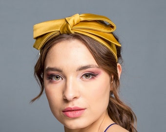 Gold satin headband with symmetric bow, cocktail alice band, elegant headband bow, mustard cocktail handmade headband, wedding headband