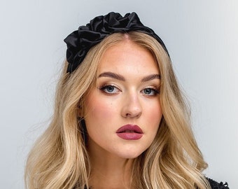 Black satin headband, cocktail headband with decoration, elegant satin headband