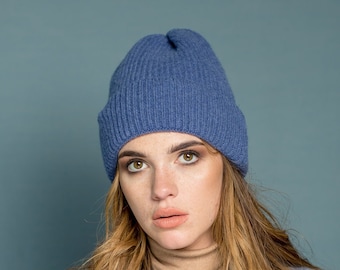 Blaue Kaschmir Wintermütze, ultrafeine Merinowolle Mütze, Frauen blaue Beanie Wintermütze, blaue Wintermütze, gerippte und dicke Mütze