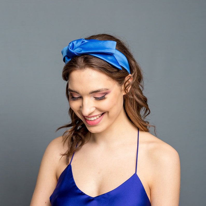 Cobalt blue satin headband with symmetric bow, cocktail alice band, elegant headband bow, cocktail handmade headband, wedding headband image 2