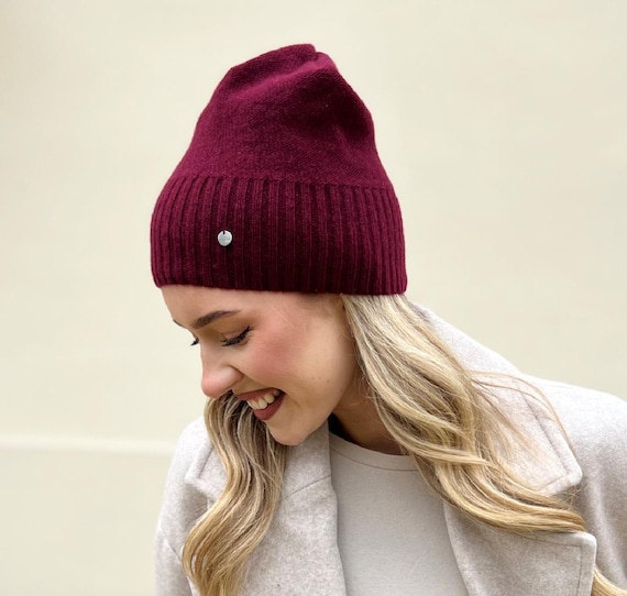 Burgundy cashmere winter hat, ultrafine merino wool cap, women burgundy  beanie winter hat, burgundy winter beanie