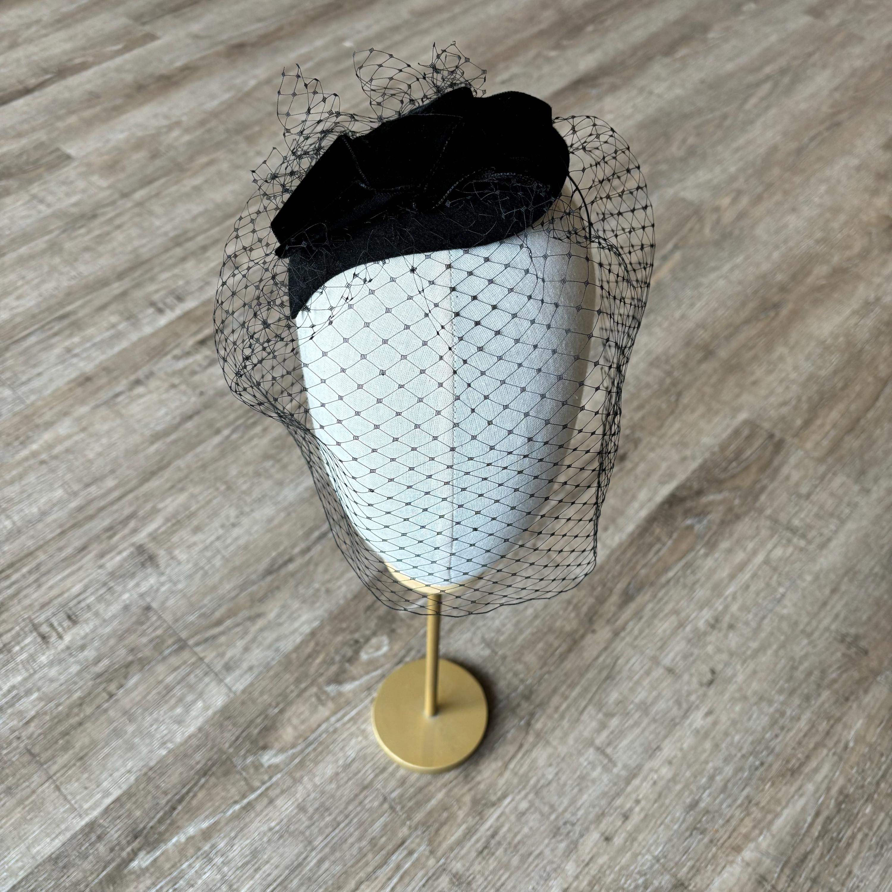 Dressy black felted wool hat large netting bowl & mesh fascinator made in USA Black Felt Hat With Veil - Etsy main image 3