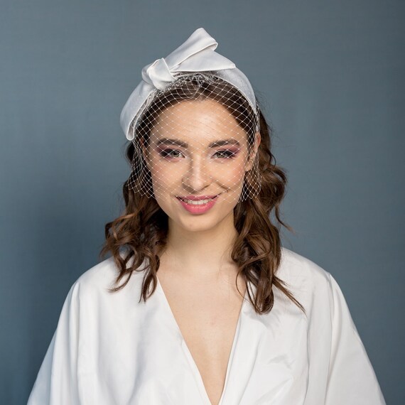 Bridal Ivory Bow Headband with Veil Ivory Bridal Headband With Veil, Ivory Wedding Birdcage Veil  main image 2