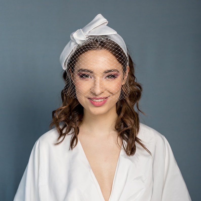 Wedding satin headband with big bow separately veiling, crazy bridal ivory headband, bridal headbow and netting image 1