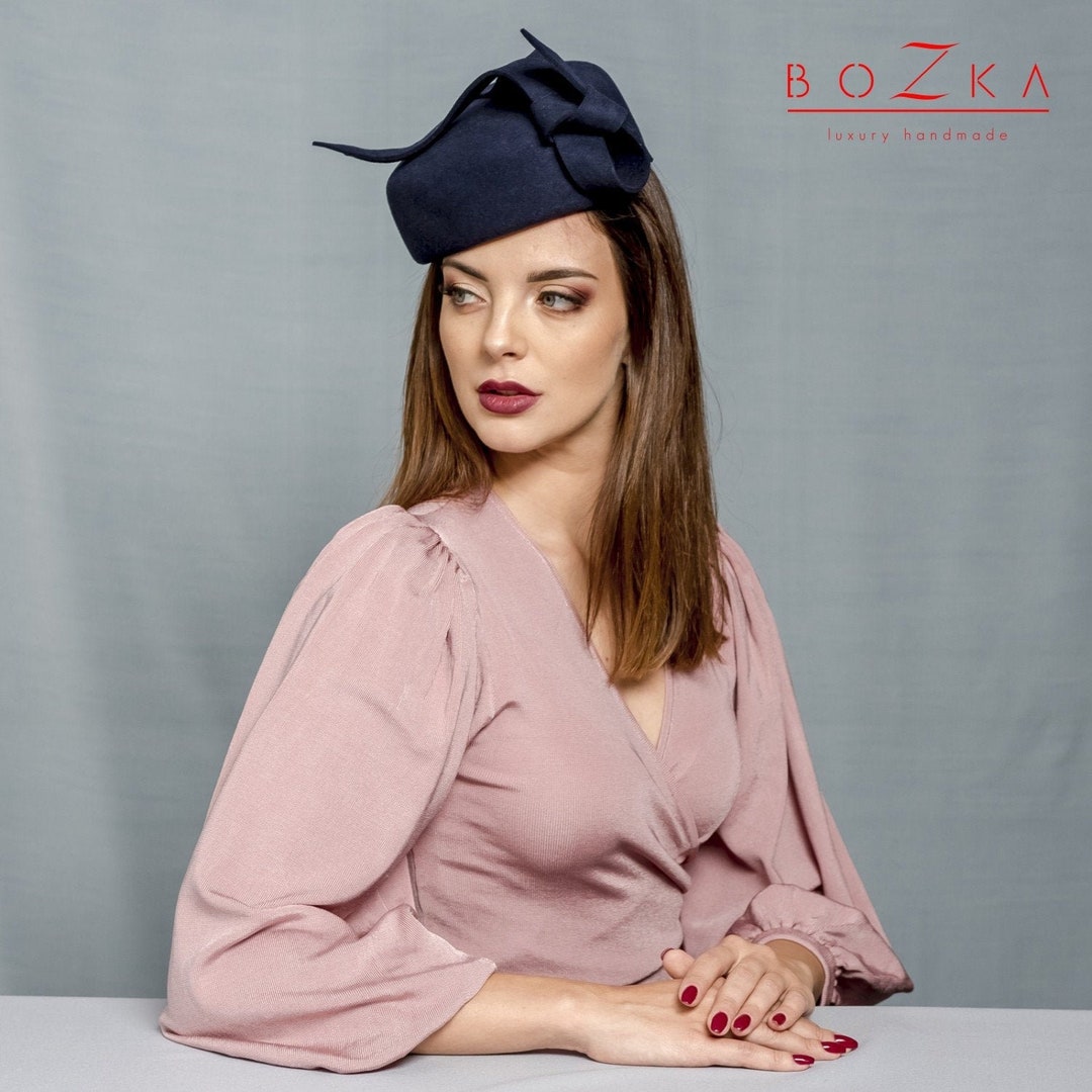 Navy Blue Wool Felt Pill Box Hat, Modern Pill Box Hat, Wool Felt