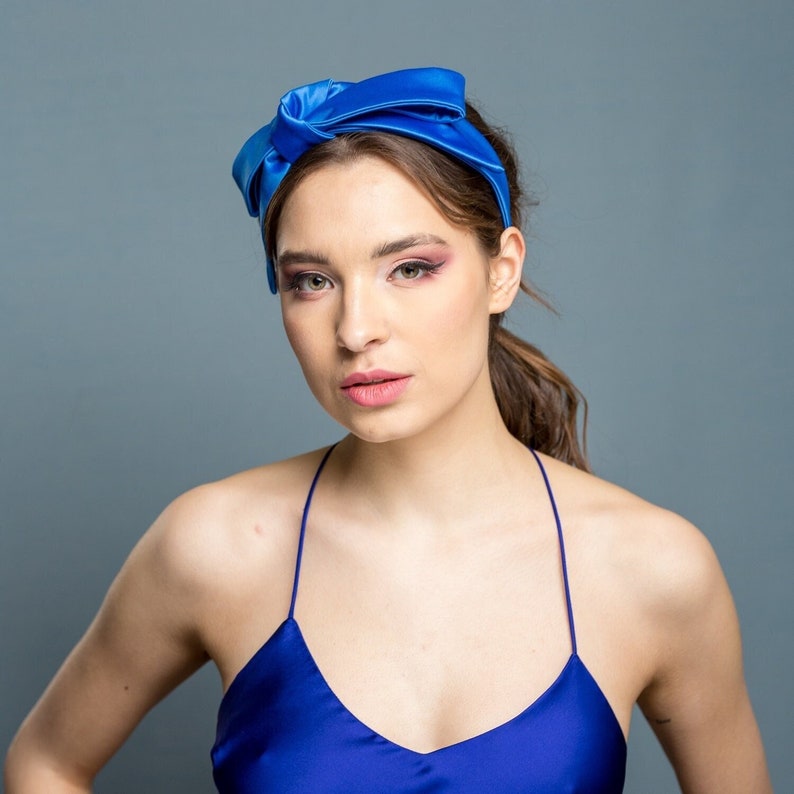 Cobalt blue satin headband with symmetric bow, cocktail alice band, elegant headband bow, cocktail handmade headband, wedding headband image 1