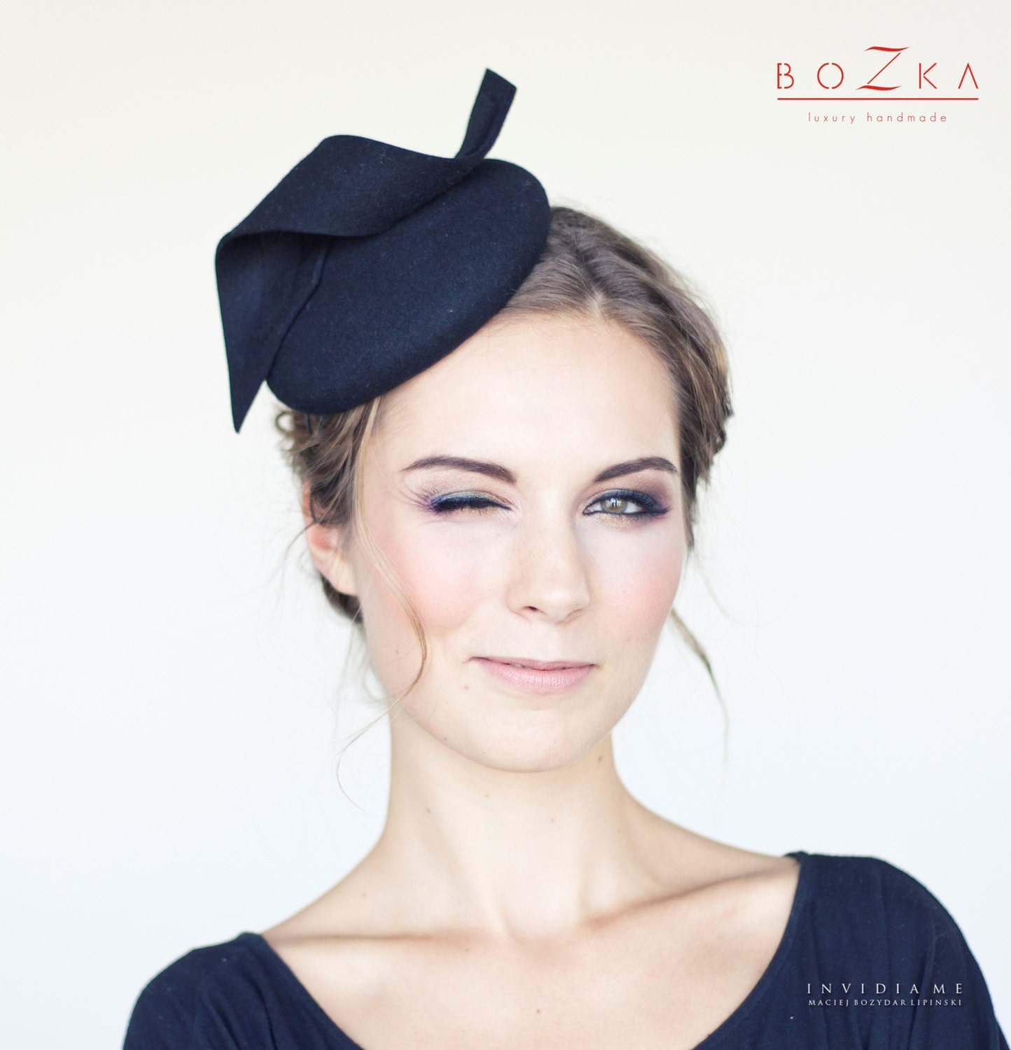 Black wool felt pill box hat , modern 