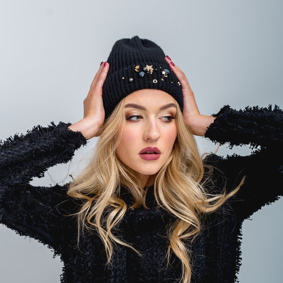 Black Cashmere Winter Hat With Golden Stars Leafs and Pearly  display picture 2