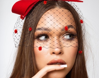 Black and red bow with veiling, red fascinator head bow with black spotted netting, party headbow with netting, modern bow fascinator