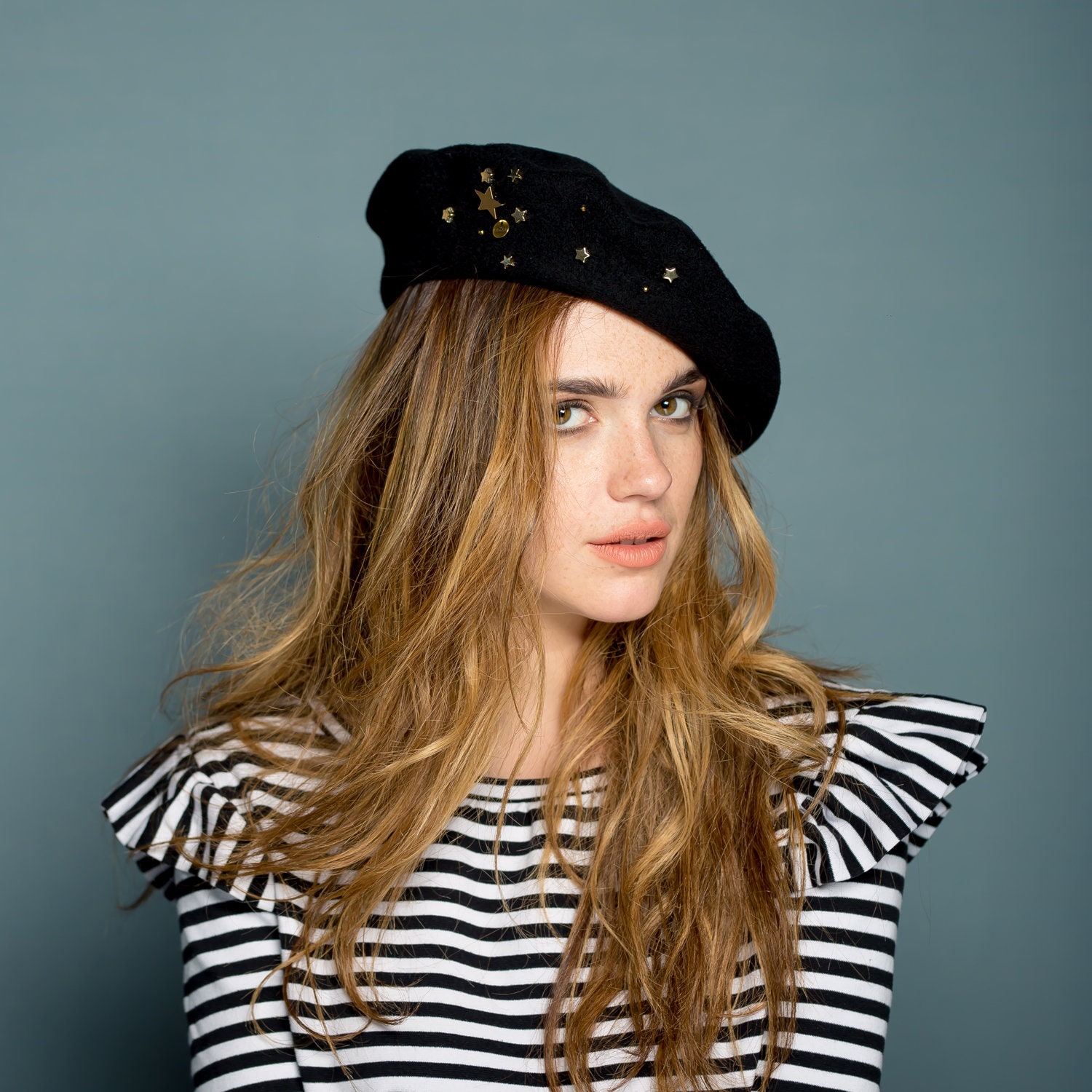 Black Beret With Gold Stars and Hemetite Stones , Black Wool 