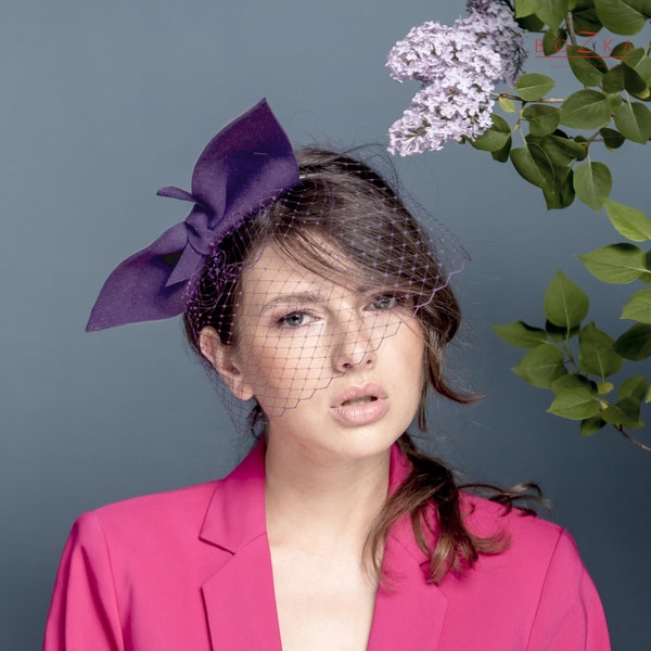 Purple big headbow with veiling, purple fascinator with bow and veil, headband with ears, party fascinator with netting, modern fascinator