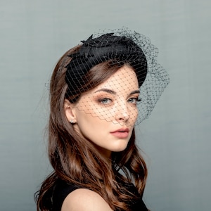Black wool felt evening headband with veil on face , moon headband, black funeral netting, modern headband with black netting