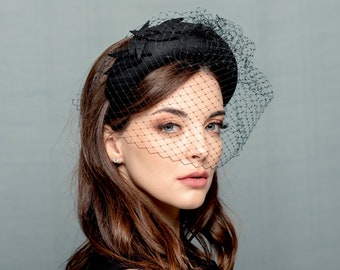 Black wool felt evening headband with veil on face , moon headband, black funeral netting, modern headband with black netting