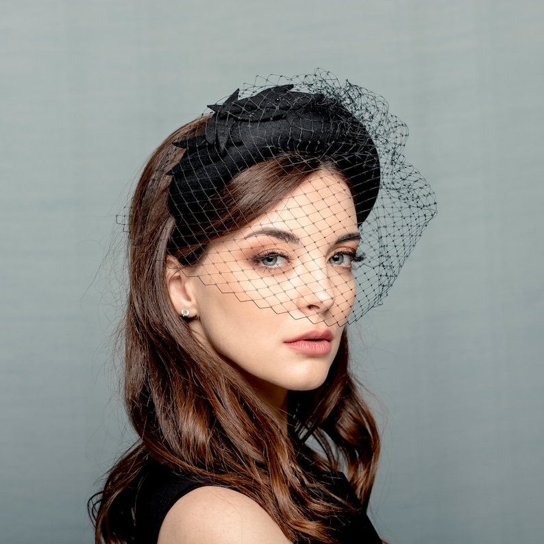Black Wool Felt Evening Headband With Veil On Face Moon Etsy